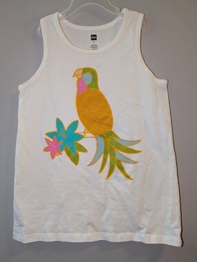 🦜 Tea Collection White Tank Top with Yellow Parrot & Teal Accents Girls Size 10
